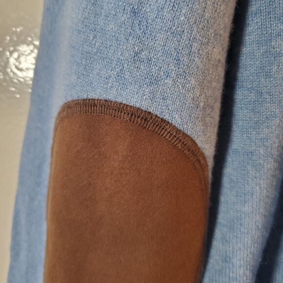 State Cashmere Mens Large 100%  Polo Collar Sweater Sky Blue Suede Elbows Lux - Picture 6 of 9
